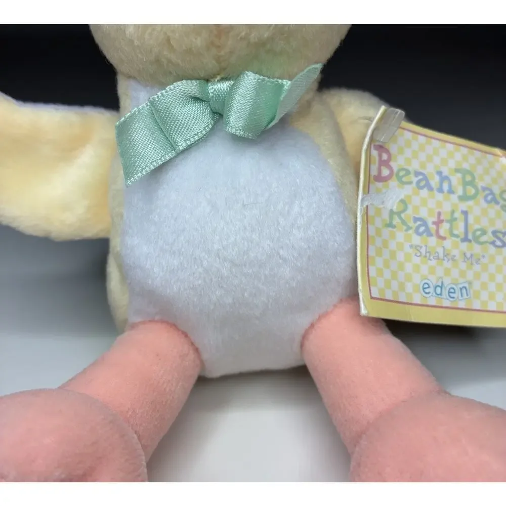 Vintage Eden Duck Beanbag Rattle Plush 5” Pastel Yellow Chick Green Bow NWT